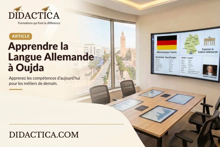 Image de couverture Didactica pour l'article apprendre la langue allemande à Oujda avec vue sur la ville et écran affichant la carte d'Allemagne.